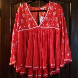 NWT Embroidered Red Swing Blouse - Spring Top!